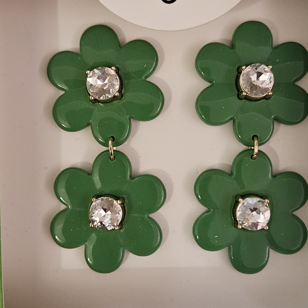 Kate Spade Green Floral Dangling Earrings with Crystal Accents - Picture 4 of 6
